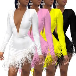 Women's Winter Mini Dress 2021 O-neck Mesh Feather Patch Work Sexy Nightclub Party Bandage Street Tight Dress 231226