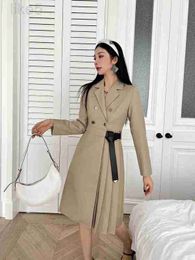 Basic & Casual Dresses Designer Brand 2023 New Product Metal Letter Logo Double Breasted Waistband Side Folded Suit Collar Long Sleeved Dress SLGA