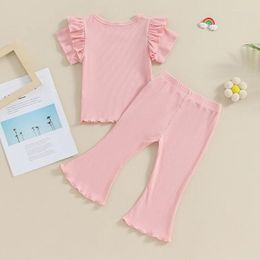 Clothing Sets PUHHAPIEY Baby Girl Clothes Toddler Summer Outfits Solid Ribbed Ruffle Short Sleeve T-Shirt Tee Tops Flare Pants Set