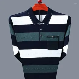 Men's Polos Fashion Lapel Button Spliced Pockets Striped Polo Shirts Clothing 2023 Autumn Winter Loose Korean Tops All-match Tee Shirt