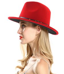 2020 Unisex Flat Brim Wool Felt Fedora Hats with Belt Red Black Patchwork Jazz Formal Hat Panama Cap Trilby Chapeau for Men Women9982772