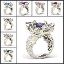 Size 5-10 Mystic Rainbow Topaz Colorful CZ Diamond 925 Sterling Silver Charming Mermaid Band Ring Special Gift Unique Design Fashi286D