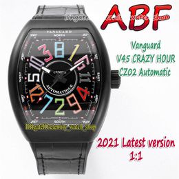 ABF New Crazy Hour Vanguard CZ02 Automatic Mechanical 3D Art Deco Arabic Dial V45 Mens Watch PVD Black Steel Case Leather eternity236O