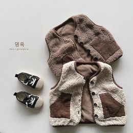 Korean Autumn Winter Children Boy Vest Cotton Fleece Warm Patchwork Baby Boy Cardigan Sleeveless Retro Vintage Kid Boy Coat 231226