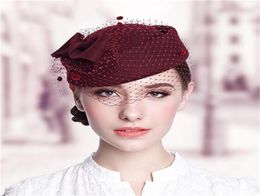 Berets Caps For Women Bride Elegant Wool Gauze Bow Airline Stewardess White Women039s Fedora Caps Formal Lady Hat Royal Style6313299