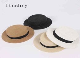 2021 new women039s hat Straw Sun Breathable Large Brim Summer Boater Beach Ribbon Round Flat Top Hat For Women3294672