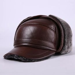 Ball Caps Winter Bomber Hat Men Russian Brown Leather Ushanka Cap With Ear Flaps Fur Warm Genuine Cow Brand Baseball