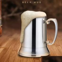 Mugs New 16 Oz Ounce Double Wall Stainless Steel Tankard Beer Mug Cocktail Breakfast Tea Milk Mugs 450Ml Handgrip Coffee Cup Bar Tools Otqlb