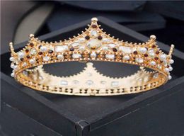 Baroque Royal King Diadem Men Crystal Pearls Metal Tiaras Wedding Crown Hair Jewellery Big Head Ornaments Prom Party Accessories 2115910088