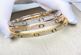 2022 Luxury Top Fine Brand Pure 925 Sterling Silver Jewellery For Women Easy Lock Bangle Rose Yellow Gold Full Diamond Love Bangle W9798233