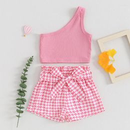 Clothing Sets Summer Outfit Toddler Baby Girl Solid Ribbed One Shoulder Sleeveless Tank Top And Plaid Shorts Set