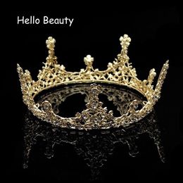 Gold Color Baroque Vintage Men Diadem Large Crystal Full Round Prom King Crown Wedding Pageant Queen Tiara Bridal Hair Jewelry Y19264k