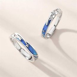 2Pcs Dainty Sea Blue Meteoric Star Lover Couple Rings Matching Set Promise Wedding Moon Star Ring Bands for Him and Her X0715325Z