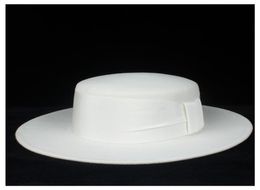100 Wool Women White Flat Top Hat With White Ribbon Fedora Hat Wide Brim Fascinator Size 5658CM2929013