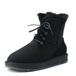 Winter Boot Suede Leather Women Short Ankle Winter Boots Natural Wool Sheep Fur Lined Snow Shoes Warm Black Lace Up 230922