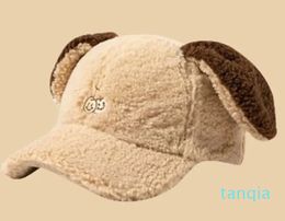 Women Hats Cute Cartoon Little Dog Ear Baseball Hat In Autumn Winter Cherry Embroidery Warmth Thickened Lamb Fur Cap