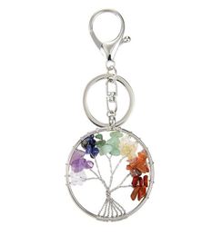 Tree Of Life Pendant Keychains Natural Crystal Stone Keyring Key Chain 7 Chakra Healing Round Handmade Key Ring Car Key Holder Bag7265013