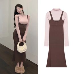 Street Sexy Suspender Dres Autumn Winter Waist Tight Spice Girl Mermaid Skirt Bottom Long Sleeve T Shirt 2 Piece Set 231226