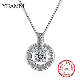 YHAMNI 100% 925 Sterling Silver Fashion Round Crystal Pendant Necklace Full CZ Diamond Chain Jewellery for Women Gift DZ223236A