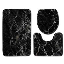 Mats Toilet 3Piece Set Black Marble Bathroom Mat Sets Contour Rug Flannel Non Slip Bath Pedestal Toilet Seat Lid Cover Bath Mat Sets 2