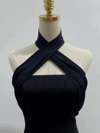 Work Dresses Women Halter Cross V-neck Knit Tank Top Sleevelss Ribbed Knitwear Or High Waist Fringed Trim Midi Skirt Set