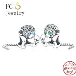 Silver FC Jewellery Fit Original Brand Charm Bracelet 925 Silver Little Monkey Blue Green Zircon Eye Bead Pave Reflexion Berloque 2020 Q053