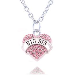 Charm Pink Crystal Heart Necklace 'BIG SIS MIDDLE SIS LITTLE SIS BABY SIS' Sister Birthday Gifts Women Girl Jewelry10pcs305R