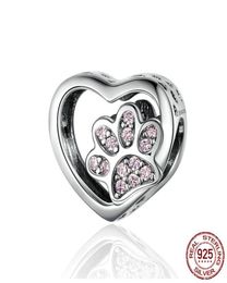 925 Sterling Silver Cat Footprints print bracelet charm Puppy Dog Paw Heartshape Bead Suitable For Bracele DIY Jewellery Accessorie2912143