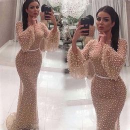 Basic Casual Dresses Charming Evening for Woman Puff Long Sleeve Champagne Pearls o Neck Floor Length Mermaid Prom Party Gown