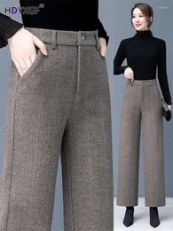 Calças femininas escritório lã lã grossa perna larga outono inverno quente cintura alta reta pantalones plus size S-3xl calças casuais