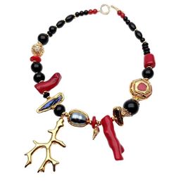 Necklaces Y.YING Cultured Black Biwa Pearl Red Coral Onyx Choker Necklace Fashion Women Necklace Gifts