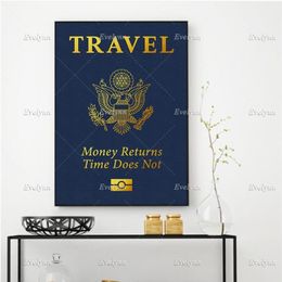 Paintings Motivational Inspirational Canvas Poster- Passport Travel Money Returns Time Does Not Wall Art Office Home De250Y