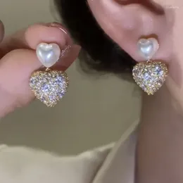 Dangle Earrings Pearl Zircon Heart For Women's Doubles Loyal And Design Premium Temperament