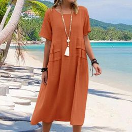 Casual Dresses Women Long Dress Solid Colour Short Sleeves O Neck Breathable Cotton Linen Womenswear Swing Loose Fit Summer Beach Vacation