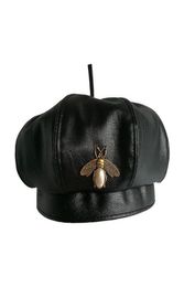 Vintage Bee Brand Fashion Black Pu Leather Hat Women Cap Female Ladies Beanie Beret Girls Spring and Autumn6506647