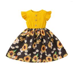 Girl Dresses CitgeeSummer 2-7Y Kids Girls Dress Ruffles Sleeve Button Sunflower Printing Stitching A-line Princess Clothes