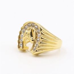 Cool design gold crystal Lucky Horseshoe Ring Stainless Steel racing jewelry Gold horse head Ring Band Finger3588