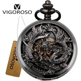 Necklace Vintage Classic Steampunk Skeleton Black Alloy Chinses Flying Dragon&phoenix Mechanical Hand Wind Pocket Watch Fob Chain Clock