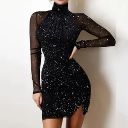 Casual Dresses Sexy Turtleneck Bodycon Sequin Party Dress Women Elegant Mesh Patchwork Long Sleeve Mini Fashion Hollow Out Sheath