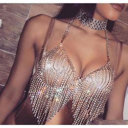 Sexy Women Nightclub Bling Rhinestones Party Body Chain Jewellery Bikini Waist Gold Belly Beach Harness Slave Necklace Bra Cami Tops321O