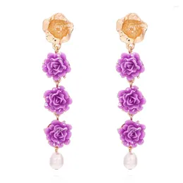 Dangle Earrings Vintage Long Purple Resin Flower For Woman Jewelry