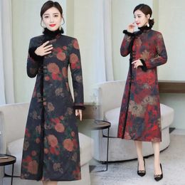 Outdoor Jackets 2023 Style Ethnic-Style Cheongsam Winter Long Sleeve Thick Warm Elegant Improved Padded Tops Formal Dress
