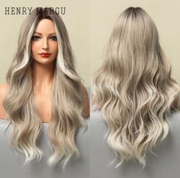 Synthetic Wigs HENRY MARGU Long Wavy Blonde White Gray Ombre Natural Cosplay For Women Middle Part Wig Heat Resistant8776677