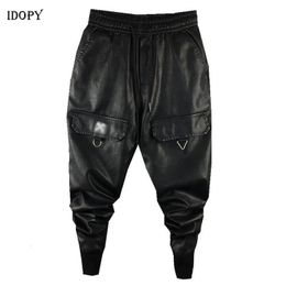 Idopy Men's Faux Leather Harem Pants Drawstring Elastic Waist Street Style Hip Hop Ankle Cuffed PU Leater Joggers Trousers Male 231226