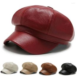 Berets Faux Leather Beret Men's Fashion Winter Octagonal Hats Autumn Warm Driving Elegant Male Female Retro Caps Casual