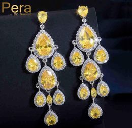 Pera Luxury Dangle Chandelier Shape Ear Jewelry Accessories Big Yellow Water Drop Crystal Stone Pave Long Earring For Women E2585680418