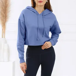 Women's Hoodies Cropped Hooded Sweatshirt Autumn Winter Fleece Thicken Warm Pullover Hoodie Comfortable Midriff Long Sleeved Top Woman