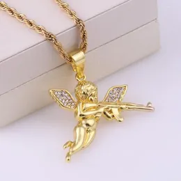 Pendant Necklaces Trendy Style Spoof Crystal Zircon Angel Cupid Holding Rifle Necklace Men's Street Rock Punk Locomotive