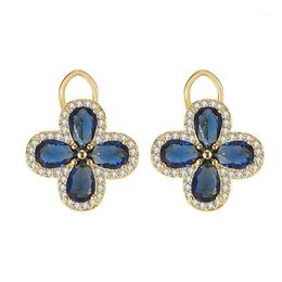 Stud Vintage Royal Clover Blue Crystal Sapphire Gemstones Diamonds Earrings For Women Gold Color Jewelry Bijoux Party Accessorie1245N