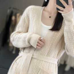 Women's Sweaters 23 Autumn And Winter 100 Pure Cashmere Cardigan V Collar Lace-up Jacquard Coat Sweater Wool Knitted Top With Pockets